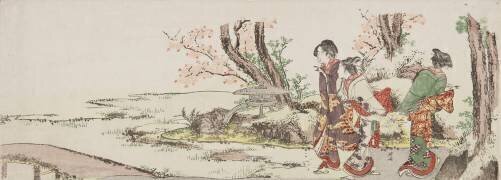 Trois femmes regardant des cerisiers en fleurs (Hokusai) - Muzeo.com