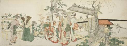 Un groupe de jeunes femmes entrant dans le jardin d'un horticulteur (Hokusai) - Muzeo.com