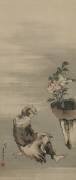 Un homme assis regardant des pivoines en pot (Hokusai) - Muzeo.com