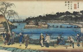 Vue de printemps du sanctuaire Benzai-ten à l'étang Shinobazu à Edo (Keisai Eisen) - Muzeo.com