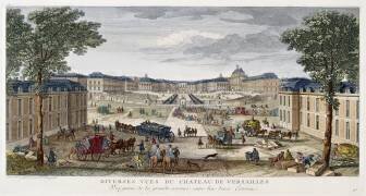 Vue du château de Versailles, prise de la grande avenue entre les deux écuries (Jacques Rigaud) - Muzeo.com