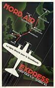 Nord Air Express Air France - Affiche Sabena, itinéraire direct pour la Scandinavie, avec une carte montrant les parcours entre les villes (anonyme) - Muzeo.com