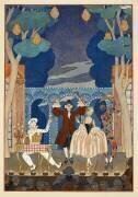 Pantomine. Pierrot et Arlequin. Un homme et une jolie femme. Le tout sur une scène (George Barbier) - Muzeo.com