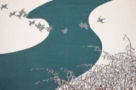 Pluviers traversant une rivière en survolant des roseaux enneigés (Fuyu no Kawa) (Kamisaka Sekka) - Muzeo.com