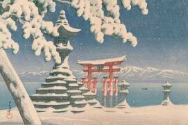 Porte d'un tombeau enneigé, Tombeau Itsukushima, Île Honshu, Japon (Hasui Kawase) - Muzeo.com