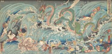 Tryptique. La pêcheuse de perles sacrées poursuivie par un grand dragon escorté de poissons (Utagawa Kuniyoshi) - Muzeo.com
