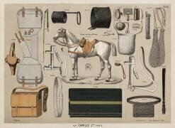 Une chromolithographie de chevaux avec des équipements d'équitation anciens (anonyme) - Muzeo.com
