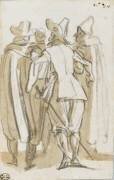 Des personnages de théâtre, une debout, trois assis; deux soldats debouts, appuyés sur un mur (Jacques Callot) - Muzeo.com