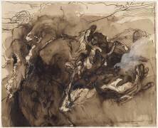 Deux chevaux attaqués par un lion au bord du précipice (Eugène Delacroix) - Muzeo.com