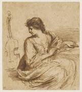 Femme assise, écrivant, près d'un instrument de musique : la muse Euterpe (Le Guerchin) - Muzeo.com