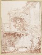 Femme étendant du linge, dans une cour, à l'ombre de colonnes antiques (Hubert Robert) - Muzeo.com