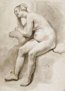 Femme nue, assise, accoudée sur un coussin, riant (Rembrandt) - Muzeo.com