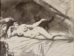Femme nue, étendue sur un lit, la femme au chat (Edouard Manet) - Muzeo.com