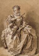 Jeune femme assise, vêtue à 