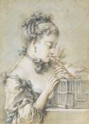 Jeune femme à mi-corps, tenant un oiseau qui becquette sa bouche (François Boucher) - Muzeo.com