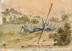 Paysage dans les environs de Tanger avec des aloès et des remparts au second plan; 1832 (Eugène Delacroix) - Muzeo.com