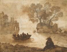 Paysage. Un bac, château à gauche. Barque avec des personnages (Claude Gellée) - Muzeo.com