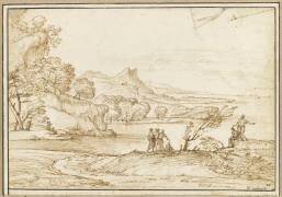 Plusieurs figures dans un vaste paysage montagneux, en bord de mer (Giovanni Francesco Grimaldi) - Muzeo.com