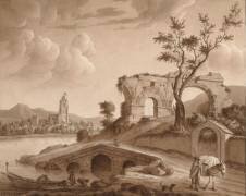 Vue d'un paysage avec pont en ruine (Jean-Jacques Lequeu) - Muzeo.com