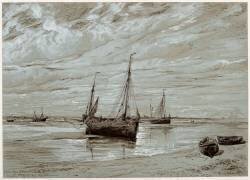 Bateaux de pêche échoués à marée basse, dans la baie de Somme (Amédée Elie Servin) - Muzeo.com