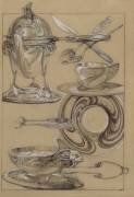 Chocolatière, tasse et soucoupe, pinces à sucre, sucrier, couverts (Alfons Mucha) - Muzeo.com