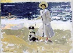 Dame et chien sur la plage (Joaquin Sorolla y Bastida) - Muzeo.com