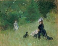Dans le parc [Edma Pontillon, soeur de B. Morisot et ses filles, Jeanne et Blanche] (Berthe Morisot) - Muzeo.com