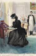 Dans un salon, femme assise, écrivant sur la tablette d'un petit bureau (Pierre Georges Jeanniot) - Muzeo.com