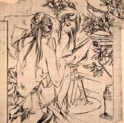Deux jeunes filles accroupies près d'un trépied avec amphores (Alfons Mucha) - Muzeo.com