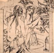 Deux jeunes filles accroupies près d'un trépied avec amphores (Alfons Mucha) - Muzeo.com