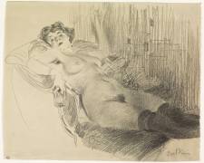 Femme nue, allongée sur un canapé, portant des bas noirs (Giovanni Boldini) - Muzeo.com