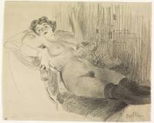 Femme nue, allongée sur un canapé, portant des bas noirs (Giovanni Boldini) - Muzeo.com
