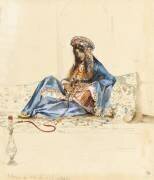 Femme turque à demie-étendue sur un divan et fumant le narguilé (Prosper Marilhat) - Muzeo.com