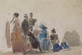Groupe de personnes, assises ou debout sur une plage (Eugène Boudin) - Muzeo.com