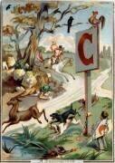 Lettre C : chasse-a-courre (chasse a courre) ; cerf ; chiens ; chasseurs ; chevaux ; cor ; corbeau ; coq ; cathedrale ; canard ; chaine ; cerf-volant (cerf volant) ; chemins ; chou. (anonyme) - Muzeo.com