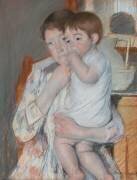 Mère et enfant : la femme tient sur ses genoux son enfant qui suce son pouce (Mary Cassatt) - Muzeo.com