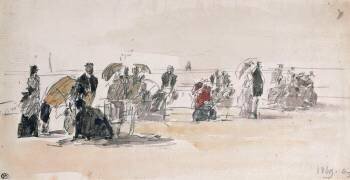 Promeneurs et personnes assises sur une plage, la mer, à l'arrière plan (Eugène Boudin) - Muzeo.com