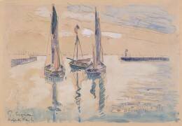 Trois barques à voiles à l'abri d'une jetée (Paul Signac) - Muzeo.com
