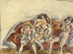 Trois femmes sur un canapé rouge (Jules Pascin) - Muzeo.com
