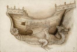 Coque d'un navire porté par un dragon, vus de profil et esquisse d'un dragon (Pisanello) - Muzeo.com