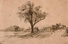 Arbre au pied d'une digue (Diemerdijk ?) où passe une voiture (Rembrandt) - Muzeo.com