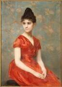 Jeune fille en robe rouge sur fond de fleurs (Emile Levy) - Muzeo.com