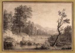 Paysage avec deux hommes au bord d'une rivière et trois cerfs (Simon Mathurin Lantara) - Muzeo.com