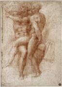 Une femme nue assise sur les genoux d'un homme nu assis : Adam et Eve (Michelangelo Buonarroti) - Muzeo.com