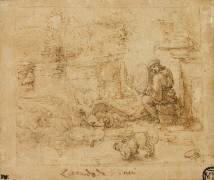 Des animaux, dont une licorne et un aigle combattant un dragon ; une femme tient un miroir dans lequel se reflète le soleil (Leonardo da Vinci) - Muzeo.com