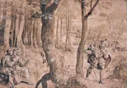 Paysage boisé, avec un seigneur surprenant un couple (Barend van Orley) - Muzeo.com