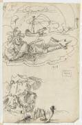 Un soldat cramponné à une planche sur les flots; un château (Erhard Schon) - Muzeo.com