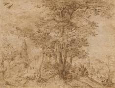 Un village avec un groupe d'arbres et une mule (Pieter Brueghel l'Ancien) - Muzeo.com