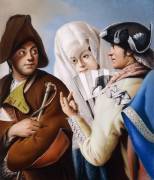 A Gentleman in a Phrygian Bonnet being addressed by a Gentleman in a yellow coat and black tricorn Hat with a Lady in a blue brocade Dress and white Mantilla (Lorenzo Tiepolo) - Muzeo.com
