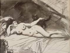 Femme nue, étendue sur un lit, la femme au chat (Edouard Manet) - Muzeo.com